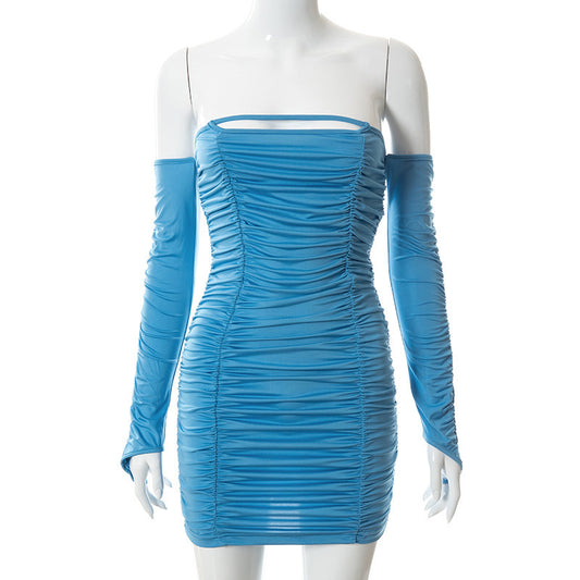 Pure Color Hollow Shoulder Back Pleated Short Dress