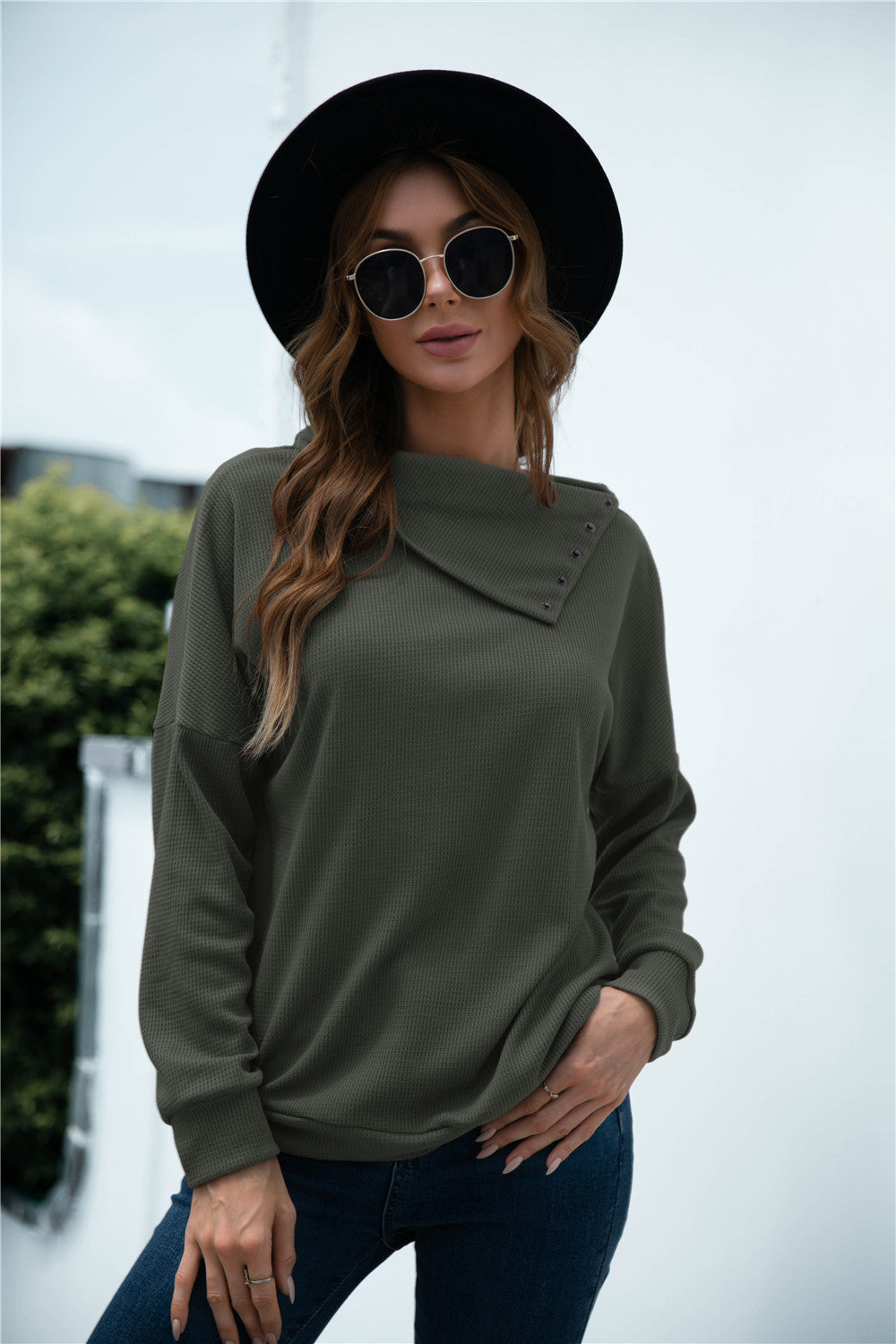 New Product Hot Sale Rollover Collar Pullover Knit Solid Color Top