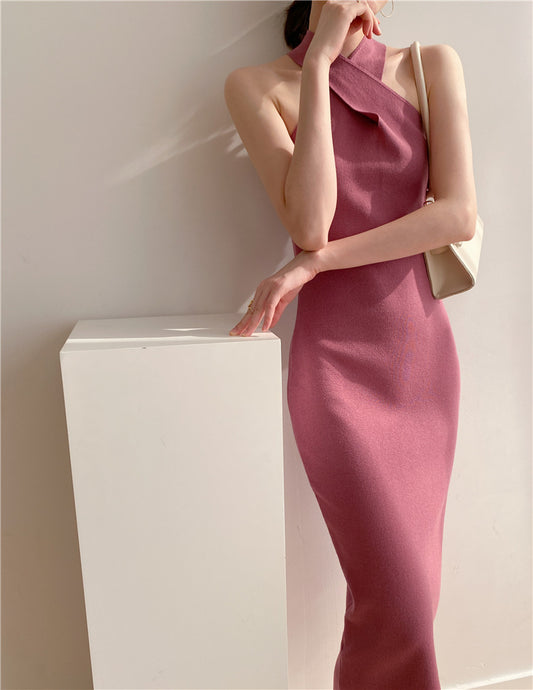 Women's Slim Fit Slim Pack Hip Cross Halter Over Knee Knit Dress