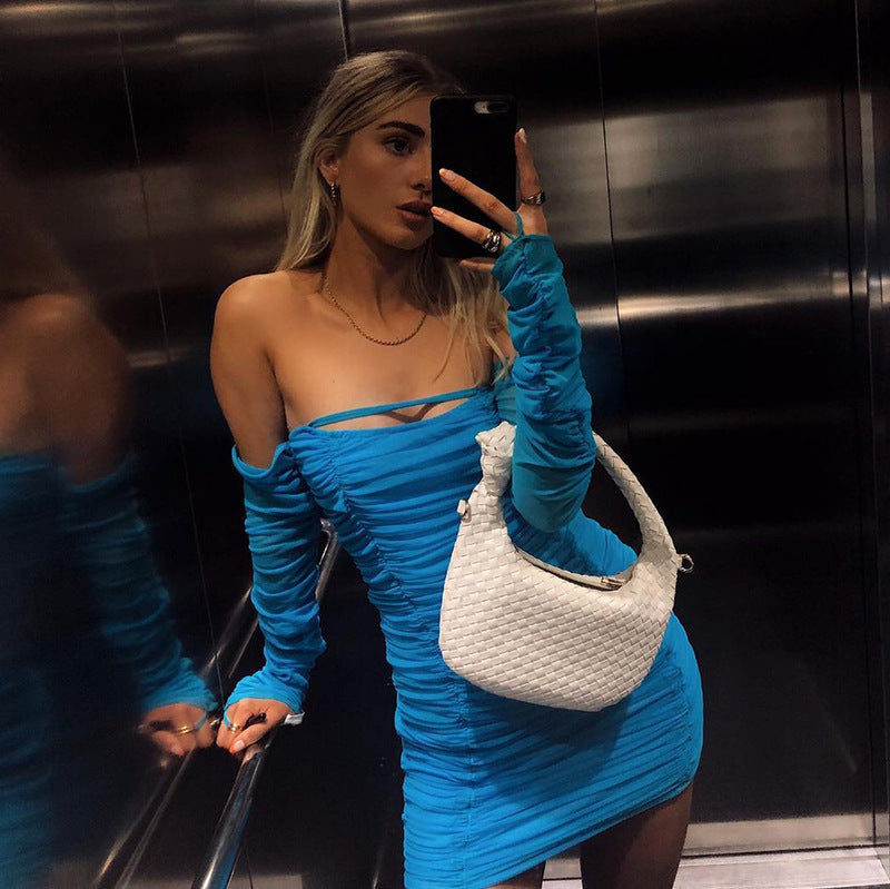 Pure Color Hollow Shoulder Back Pleated Short Dress
