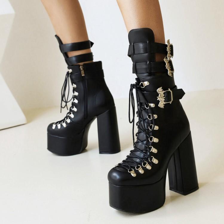 Women's Motorcycle Short Boots Lace-up Thick High-heeled