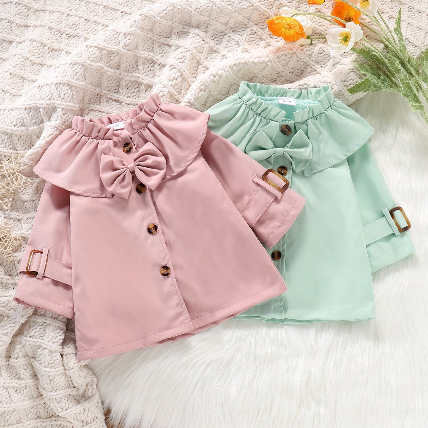 Girls' Lotus Leaf Collar Long Sleeve Trench Coat