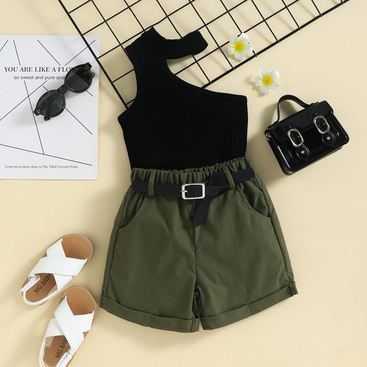 Summer Girl Ins Shoulder Halter Sunken Stripe Top Shorts Suit
