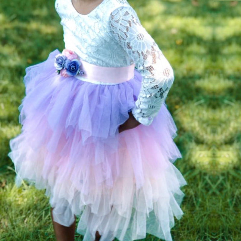 Girls Lace Backless Tutu Dress with Long Sleeves