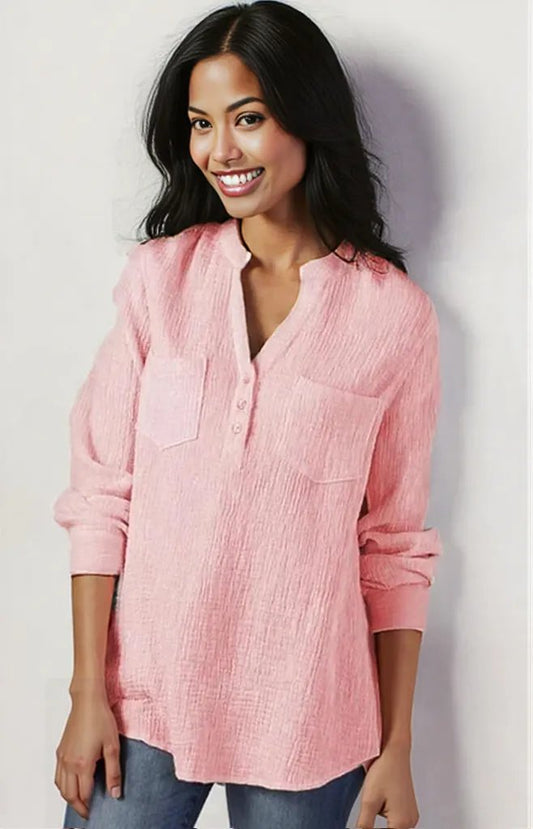 Sexy new double top Pockets cotton and linen loose plus size top for Women