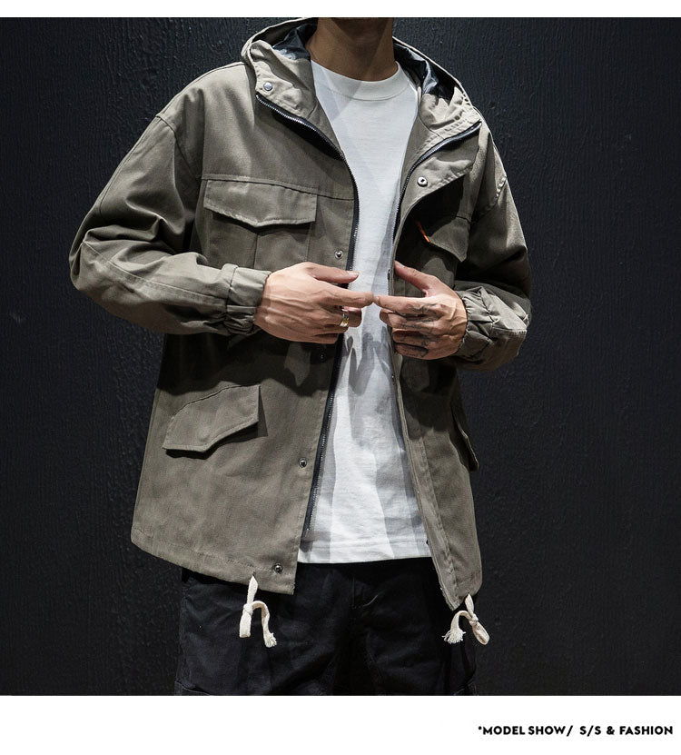 Men's plus size loose hooded drawstring jacket