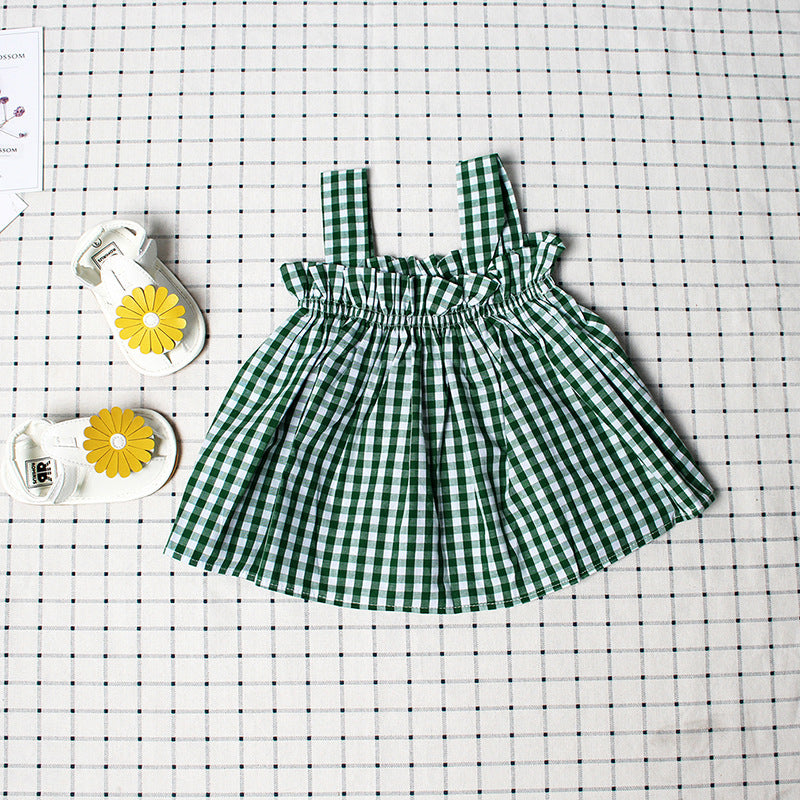 Plaid Sleeveless Sling Top Bread Pants Girls Set