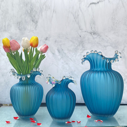 Wavy Frosted Blue Striped Glass Vase