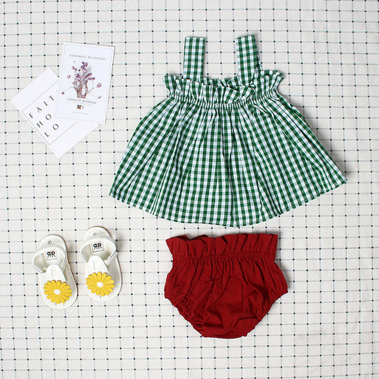 Plaid Sleeveless Sling Top Bread Pants Girls Set