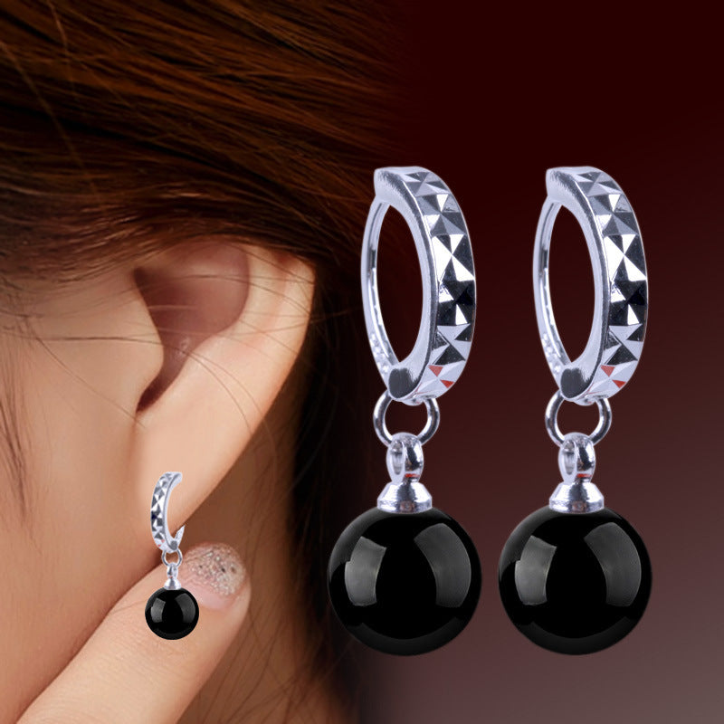 Women's natural black red onyx Korean version earrings silver-plated ear jewelry
