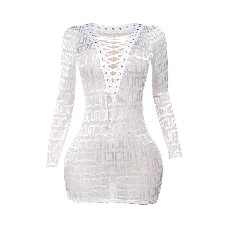 Sexy Hot Girl Long Sleeve Deep V Sexy Mesh Tied Dress