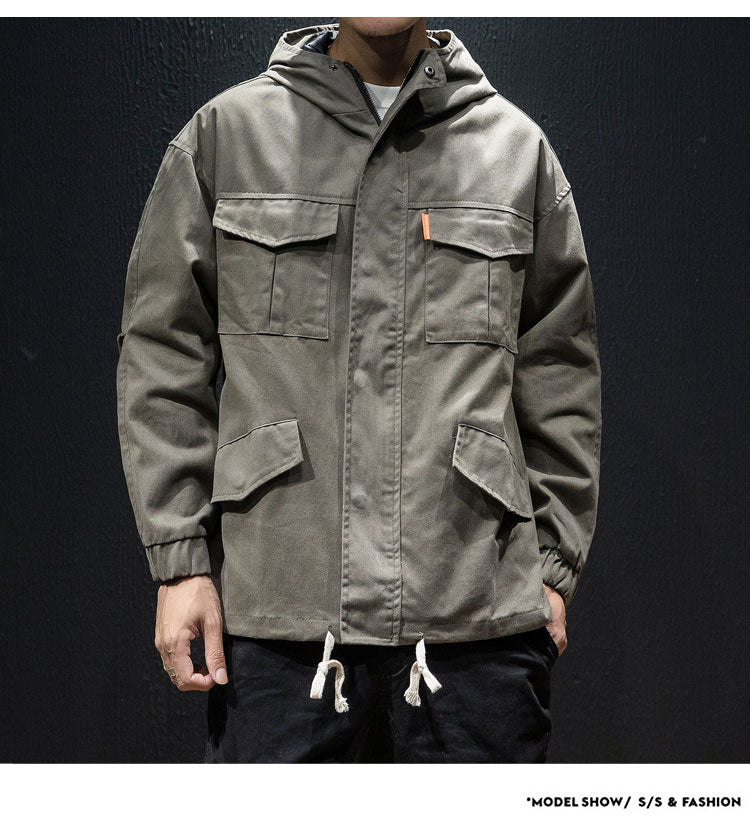 Men's plus size loose hooded drawstring jacket