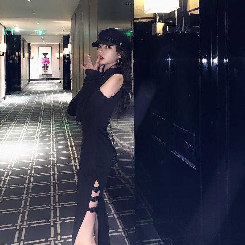Sexy off-the-shoulder long-sleeved slim-fitting slim high split dress dark girl long cheongsam