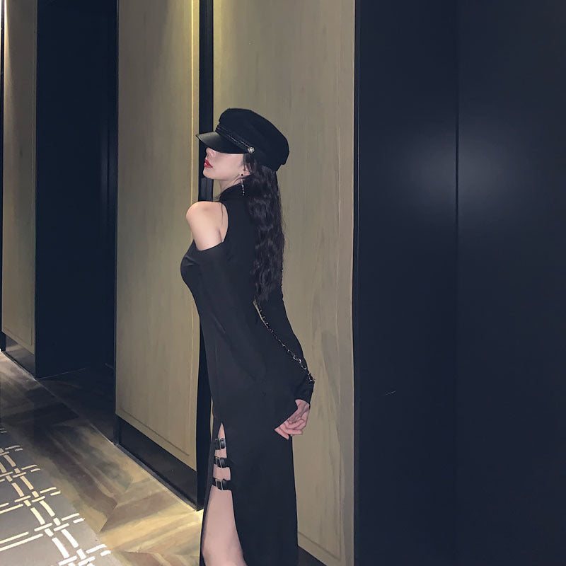 Sexy off-the-shoulder long-sleeved slim-fitting slim high split dress dark girl long cheongsam