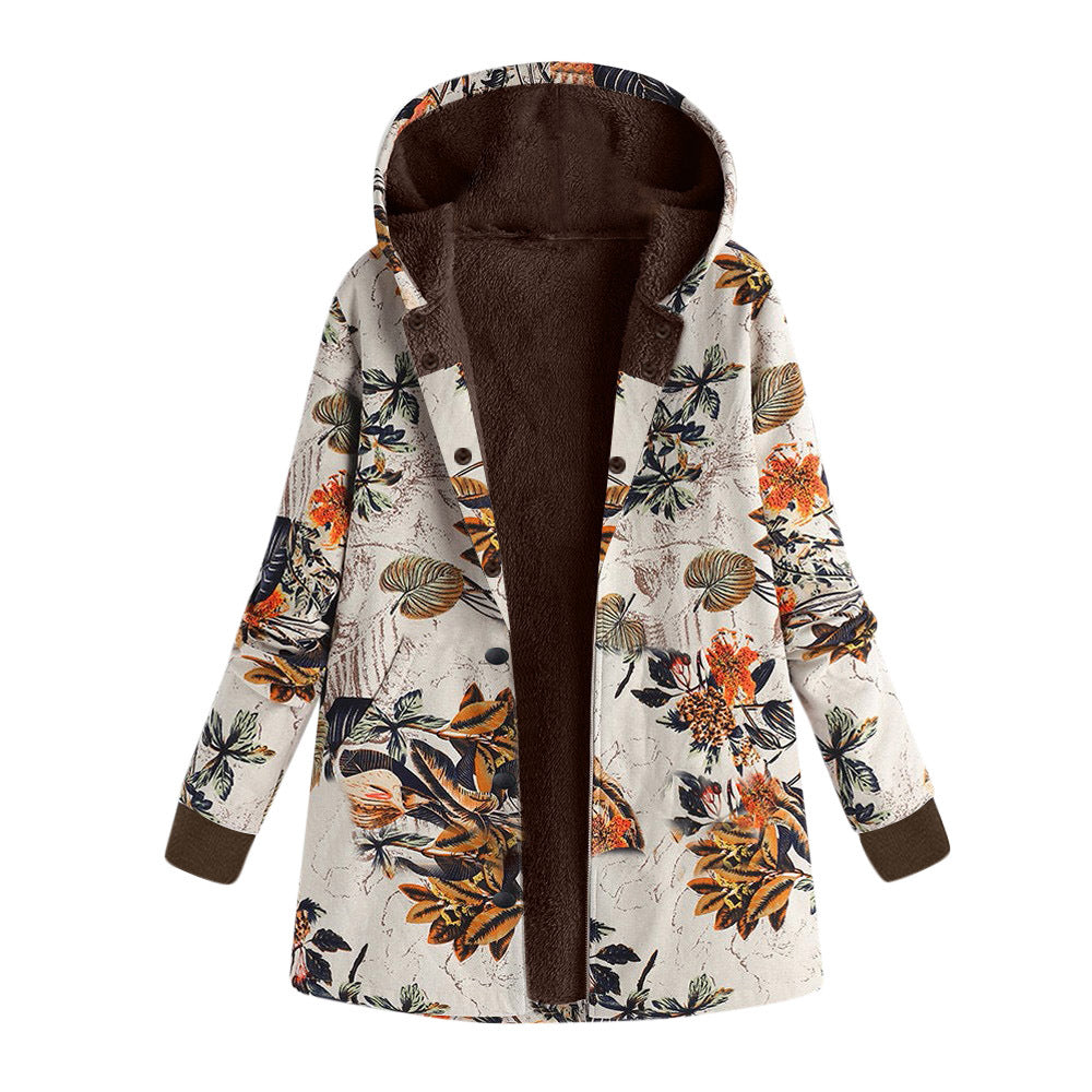 Retro flower print plus size hooded jacket top