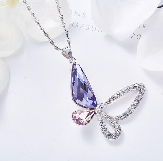 CDE Crystals from Necklace Women Pendants S925 Sterling Silver Jewelry Blue Purple Butterfly Austrian Rhinestone New