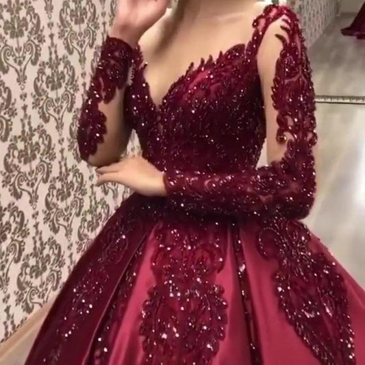 Deep V-Neck Sexy Dress Wedding Bride New Long Sleeve