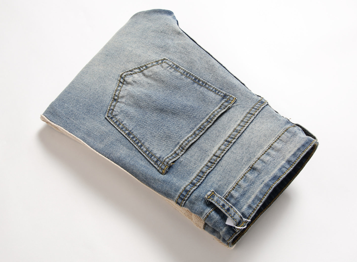 Trendy modern style for young Men's cream Striped Ripped in the knees blue Jeans