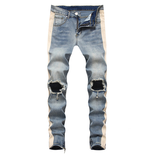 Trendy modern style for young Men's cream Striped Ripped in the knees blue Jeans