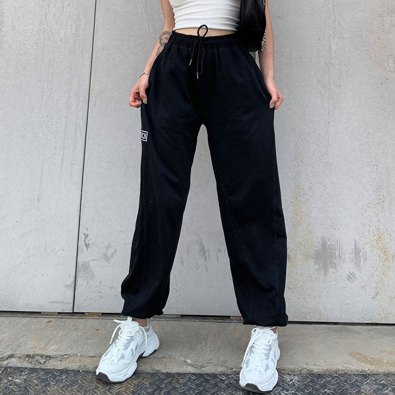 Letter Embroidered Elastic Strap Sweater Pants Women's Sports Casual Pants