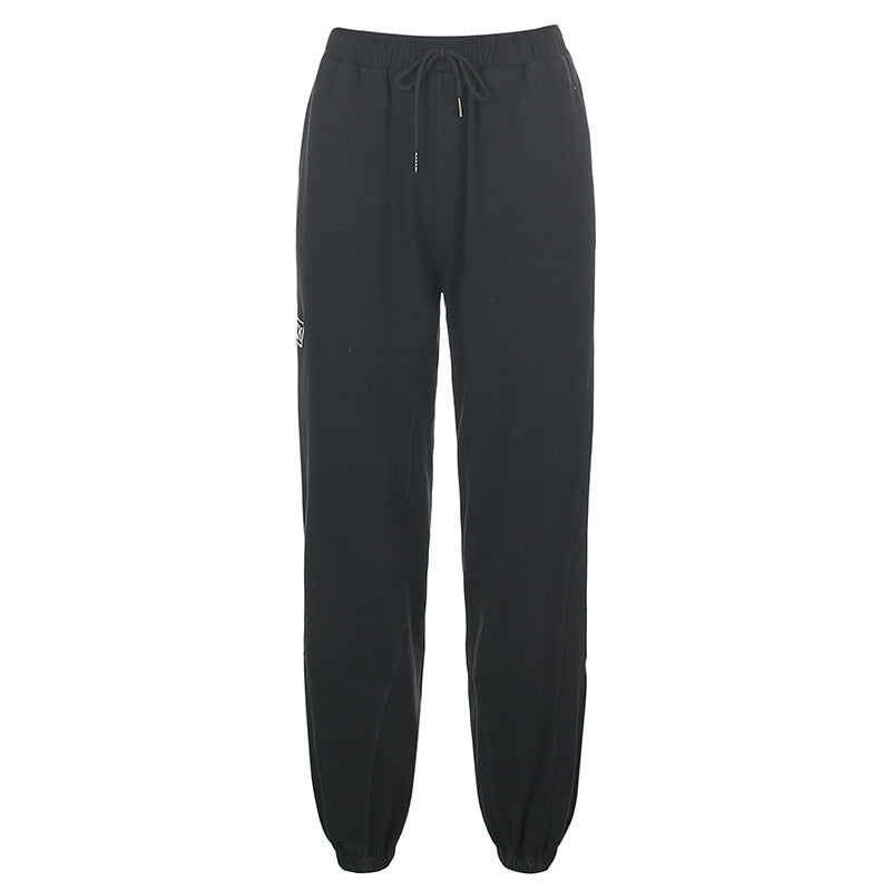 Letter Embroidered Elastic Strap Sweater Pants Women's Sports Casual Pants