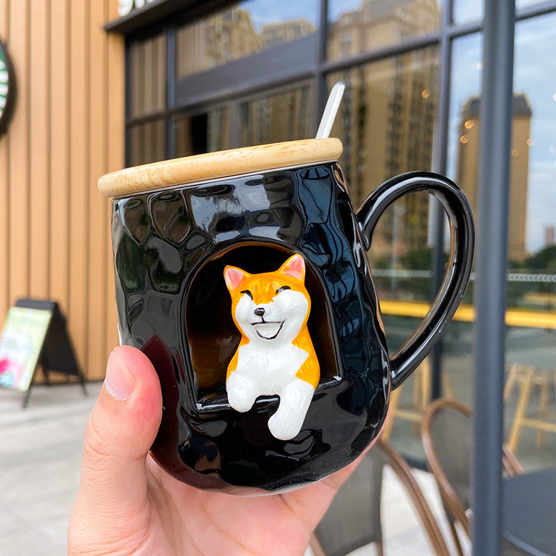 Three-dimensional Relief Ceramic Spoon With Lid Animal Shiba Inu Cup Office Water Cup Female