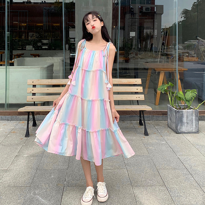 Rainbow Striped Suspender Dress Summer Korean loose Girl French Mid-Length Holiday Style Large Swing Beach Dress