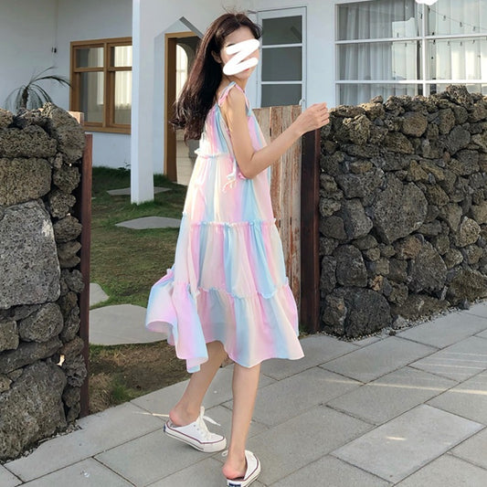 Rainbow Striped Suspender Dress Summer Korean loose Girl French Mid-Length Holiday Style Large Swing Beach Dress