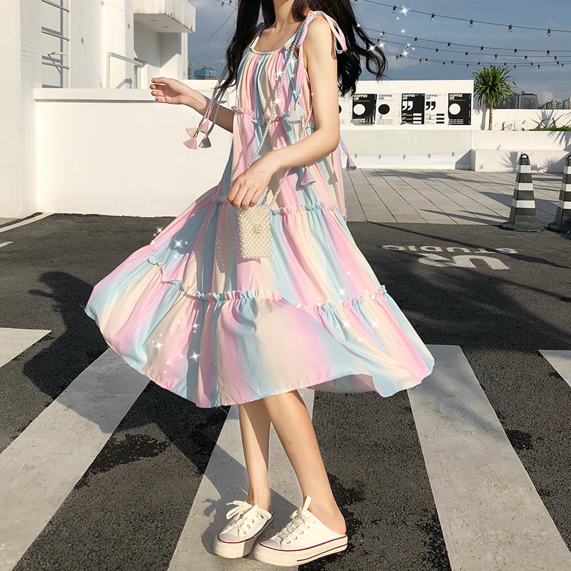 Rainbow Striped Suspender Dress Summer Korean loose Girl French Mid-Length Holiday Style Large Swing Beach Dress