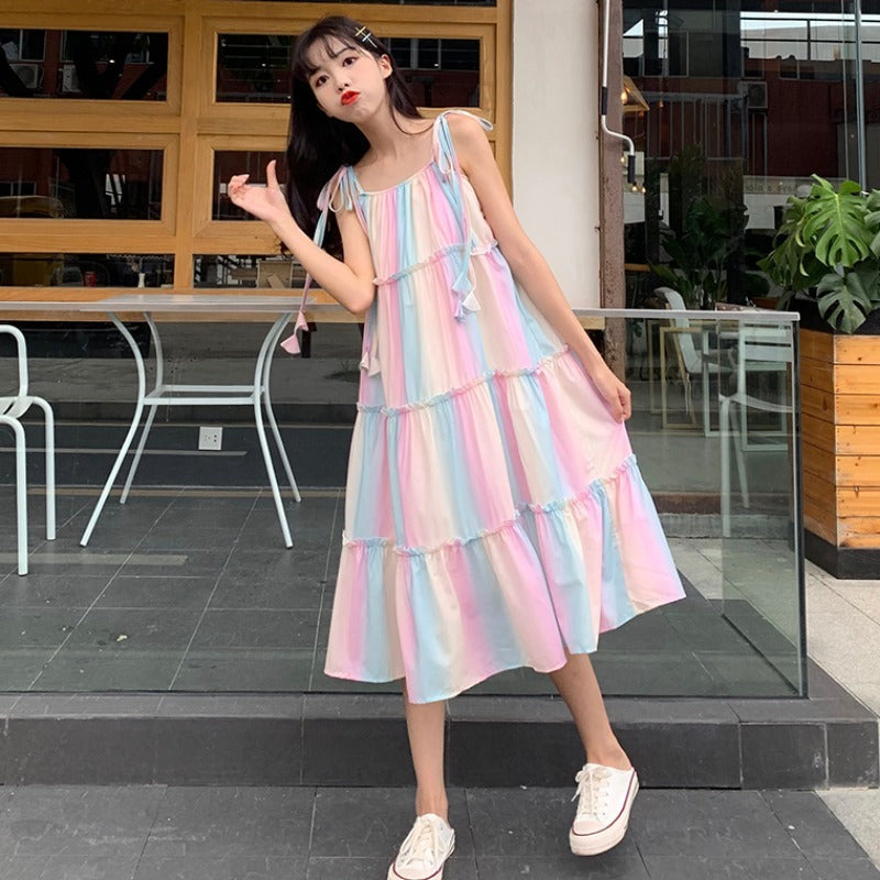 Rainbow Striped Suspender Dress Summer Korean loose Girl French Mid-Length Holiday Style Large Swing Beach Dress
