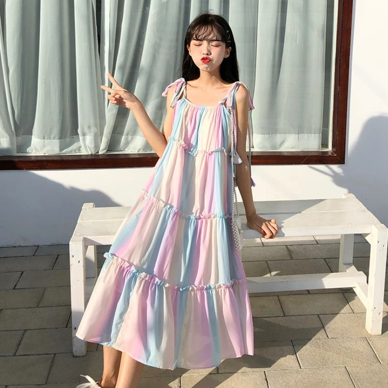 Rainbow Striped Suspender Dress Summer Korean loose Girl French Mid-Length Holiday Style Large Swing Beach Dress