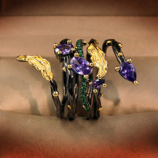 Black Gold Two-Tone Inlaid Purple Zircon Spring Ring