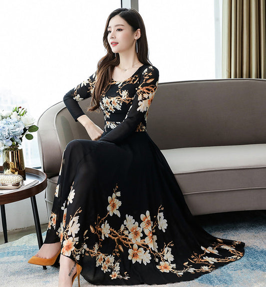 Printed Temperament Plus Size Women's Floral Long Skirt And Large Swing Dress