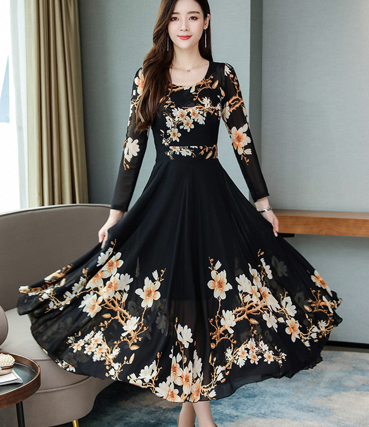 Printed Temperament Plus Size Women's Floral Long Skirt And Large Swing Dress