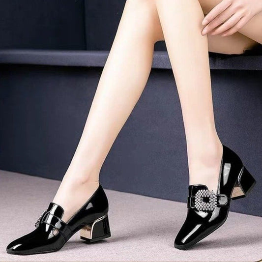 Trendy Thick Heel Shoes Women Square Toe Mouth Shoes Rhinestone Patent Leather High Heels Low-Top Shoes - FLIPSTYLEZLLC