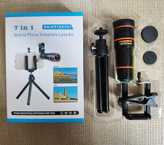 Compatible with Apple, Seven-In-One 12X Telephoto Telescope Tripod Mobile Phone U-Shaped Clip Wide-Angle Macro Fisheye Mobile Phone Lens Set