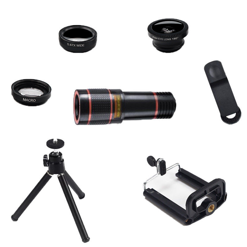 Compatible with Apple, Seven-In-One 12X Telephoto Telescope Tripod Mobile Phone U-Shaped Clip Wide-Angle Macro Fisheye Mobile Phone Lens Set
