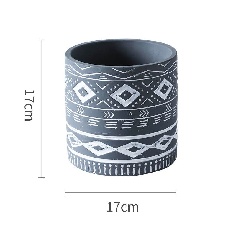 Cement Flower Pot Cylindrical Geometric Ethnic Relief