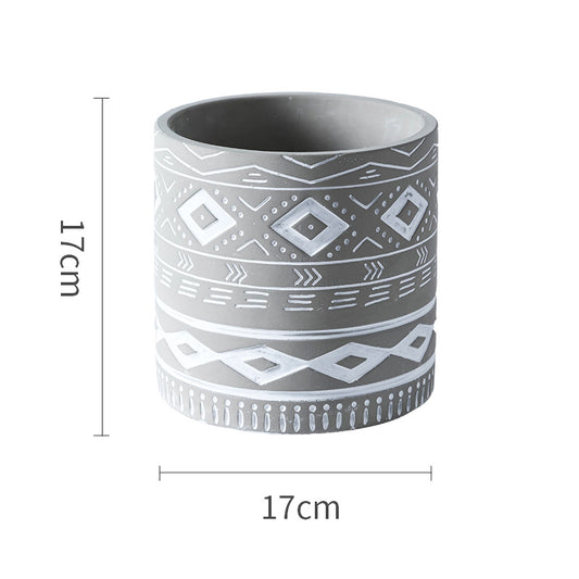 Cement Flower Pot Cylindrical Geometric Ethnic Relief
