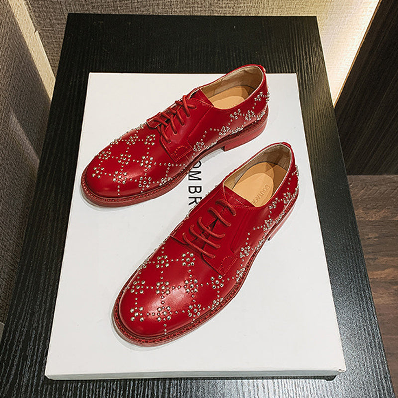 RED Leather Rivets British Style AUTHENTIC Small Leather Shoes FOR Women