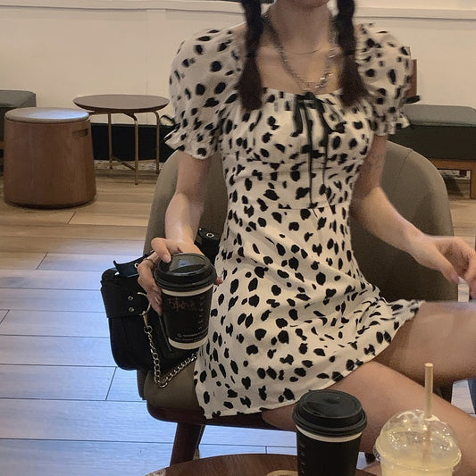 Sweet Dating Dress Can Salt Can Sweet Girl Leopard Print Cute Puff Sleeve Cow Striped Dress