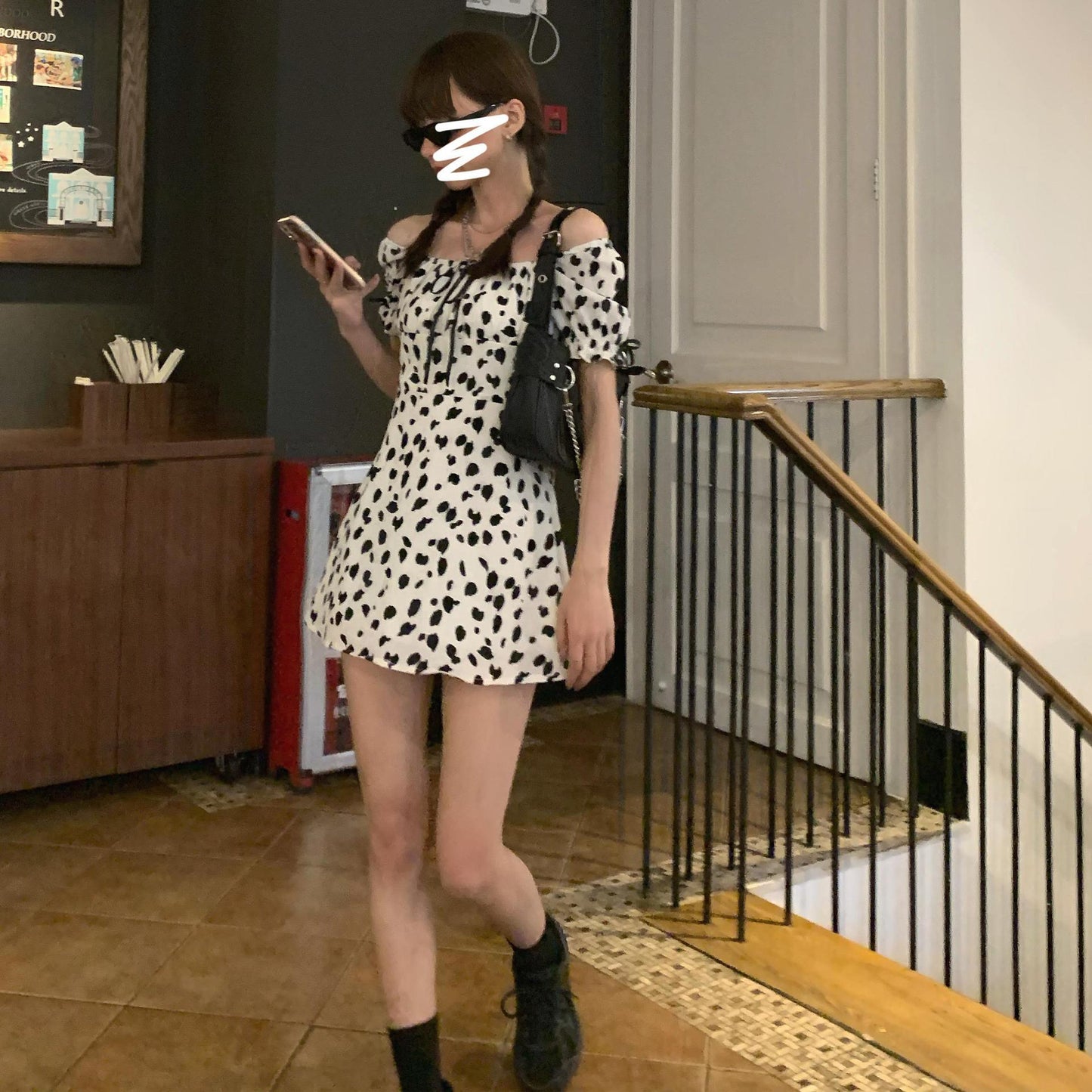Sweet Dating Dress Can Salt Can Sweet Girl Leopard Print Cute Puff Sleeve Cow Striped Dress