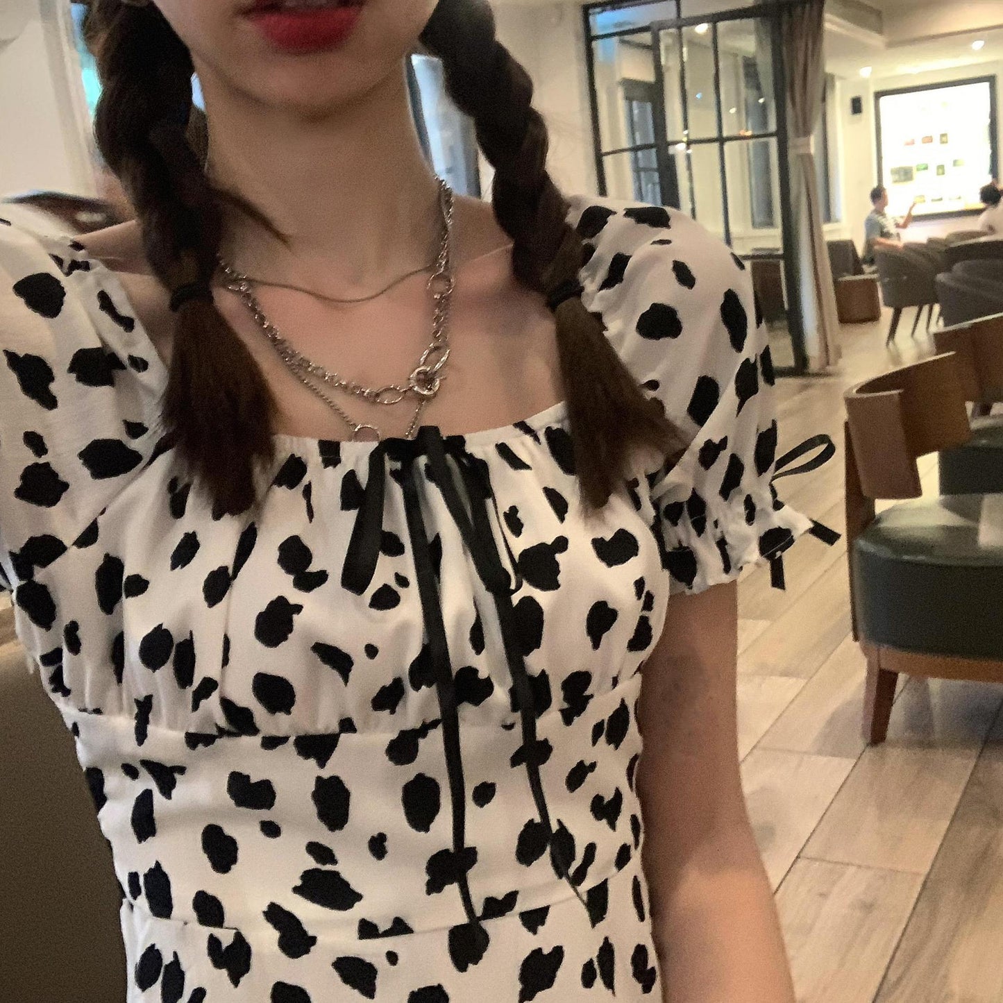 Sweet Dating Dress Can Salt Can Sweet Girl Leopard Print Cute Puff Sleeve Cow Striped Dress