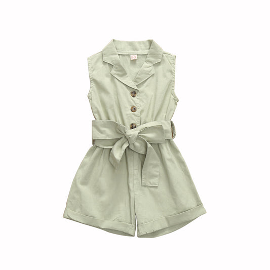 Multicolor Girls' Solid Lapel Sleeveless Single-breasted One-piece Shorts