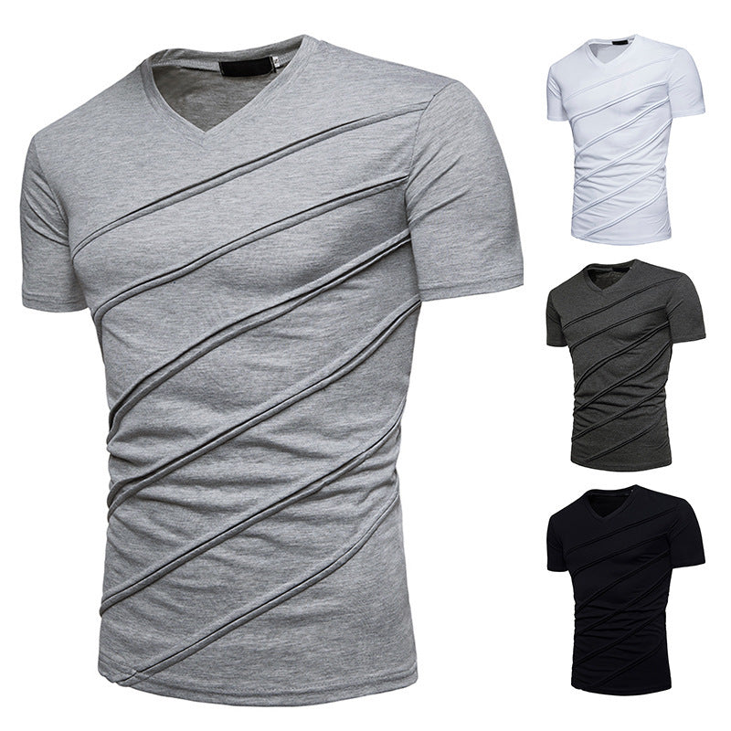 Men's Plus Size Pleated V-neck Short-sleeved T-shirt Bottoming Shirt