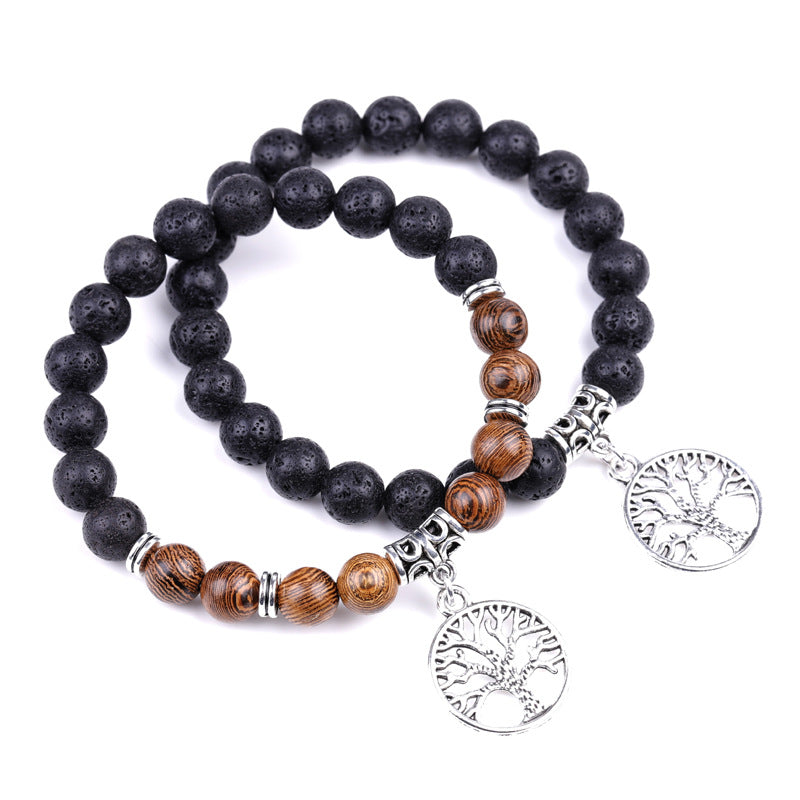 New Product Hot Selling Tree Of Life Pendant Natural Stone Volcanic Stone Wenge Wood Couple Beaded Bracelet