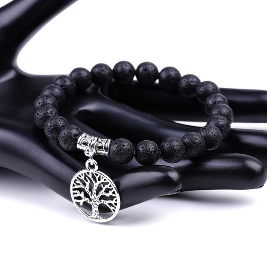 New Product Hot Selling Tree Of Life Pendant Natural Stone Volcanic Stone Wenge Wood Couple Beaded Bracelet