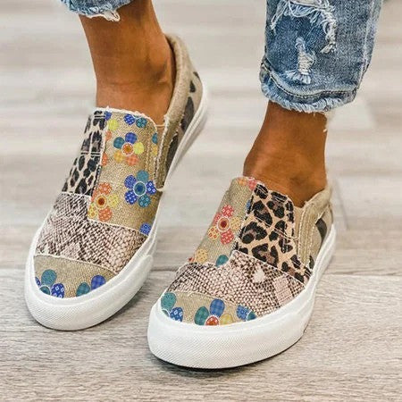 Large Size Women's Shoes Snake Skin Stitching Printed Flat Canvas Shoes Women - FLIPSTYLEZLLC