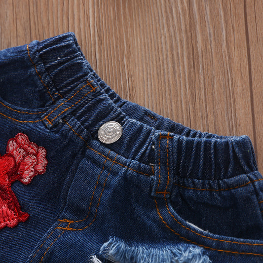 European And American Hot Selling Girls Sling Strapless Top Rose Denim Ripped Shorts Suit