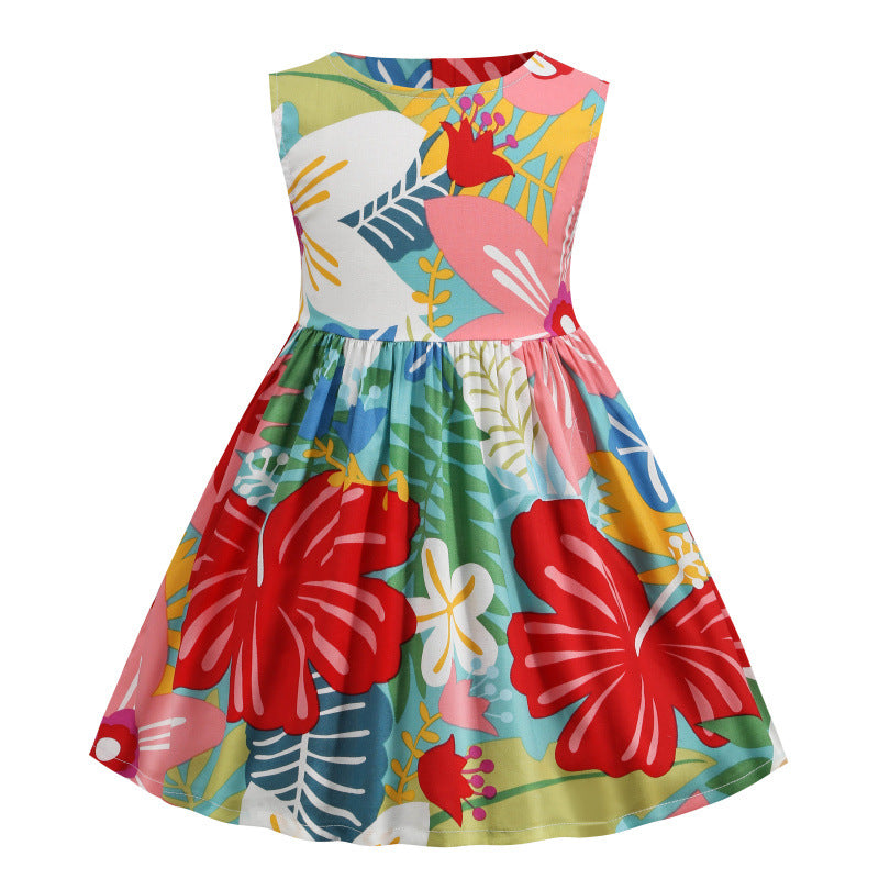 Summer New Style Round Neck Cotton Girls Color Print Skirt Vest Dress